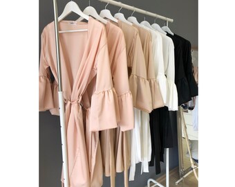 Ruffle Satin Robe, White Satin Kimono, Blush Robe, Bridal Robe, Bridesmaids Robe, Bridal Party Robe, Champagne Robe / Black Robe