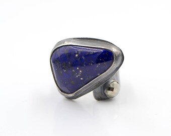 Lapis - Pyrite - Hammered Sterling Silver - Adjustable - Ring