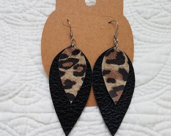 Genuine Leather Double Leaf Earrings in Metallic Black and Leopard Print