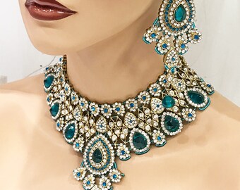Wedding jewelry set, Crystal bridal bib necklace earrings, Indian Bollywood kundan fashion jewelry set, Gold Teal blue evening jewelry set