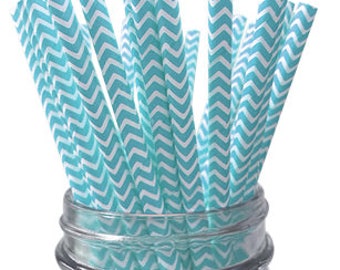 Light Blue Chevron Paper Straws - 25pc