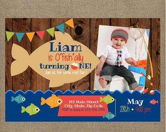 Fish Fishing Ofishally One Birthday Invitation - Big One Gone Fishing Boy First Birthday - It's o-fish-al Birthday Party - Digital JPEG
