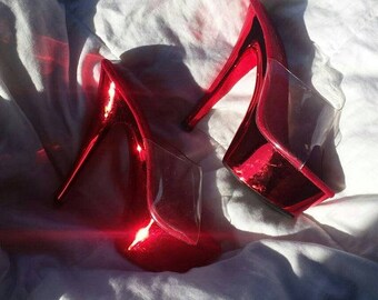 Red & clear mirrored platform dancers heels Sz 7