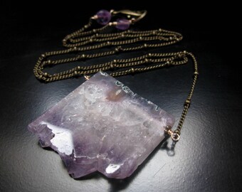 Amethyst Slice Brass Necklace, Rough Slice Geode Pendant Antique Brass Necklace, Valentine's Day, February Birthstone, Rough Stone Pendant