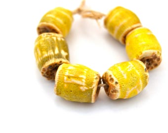 6 Yellow Ceramic Beads, Textured Beads, Rustic Beads, Handmade White Clay Beads, Jewelry Supplies, Full Of Space
