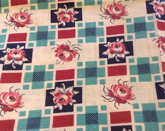 Vintage Feedsack Flour Sack Fabric Roses Red Pink Aqua 1930's 1940's Novelty Fat Quarter Quilt Craft