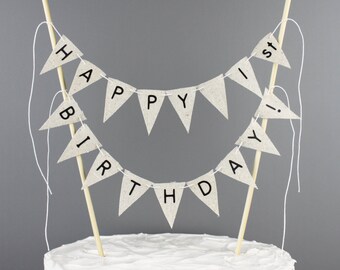Rustic 1st Birthday Cake Bunting, Neutral One Year Old Cake Topper, Woodland Party Decoration, Lettered Cake Banner, Cake Centerpiece Decor