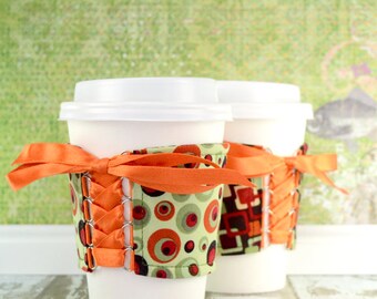 Corset Coffee Cup Cozy // Mid Mod Cup Cozy // reversible // adjustable // reusable coffee sleeve // beverage cozy // to go cup cozy