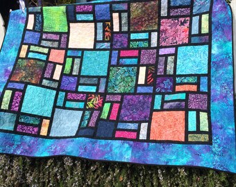 Blue Stained Glass Window quilt/quilts for sale/batik quilt for sale/blue batik quilt/lap quilt/throw quilt/gift for her/gift for him