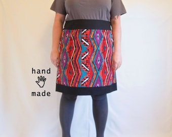 Furiosity Skirt - plus size, red black, 1980s tribal print cotton fabric, women's skirt, 3X, 4X, size 26, size 28 -- 50W-56H