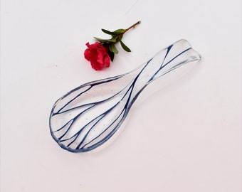 Fused glass spoon rest or dish in clear with blue lines
