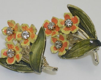 Vintage Coro Enamel & Rhinestone Flower Clip Earrings