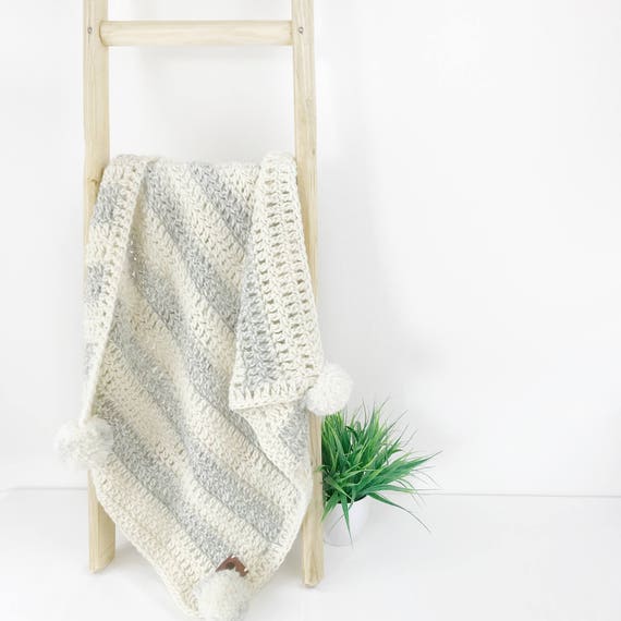 Crochet Baby Blanket with Grey Stripes and Pom Poms Wool