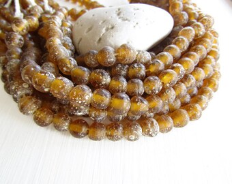 Round ochre glass beads, rustic yellow brown lampwork beads, matte gritty textured aged look indonesian 8mm - 9mm (16 beads) 6bb27-4