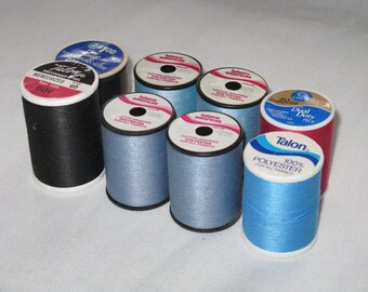 Vintage Sewing Thread 8 Large Spools Black, Blue, Rose Cotton, Polyester, Blend