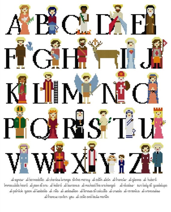 Catholic Saints Alphabet Cross Stitch Sampler Pattern