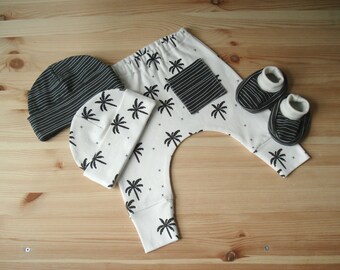 monochrome ORGANIC cotton Clothing Set : Hat + Booties + Pants Palm tree print newborn pants kids clothes harem pants Baby pants