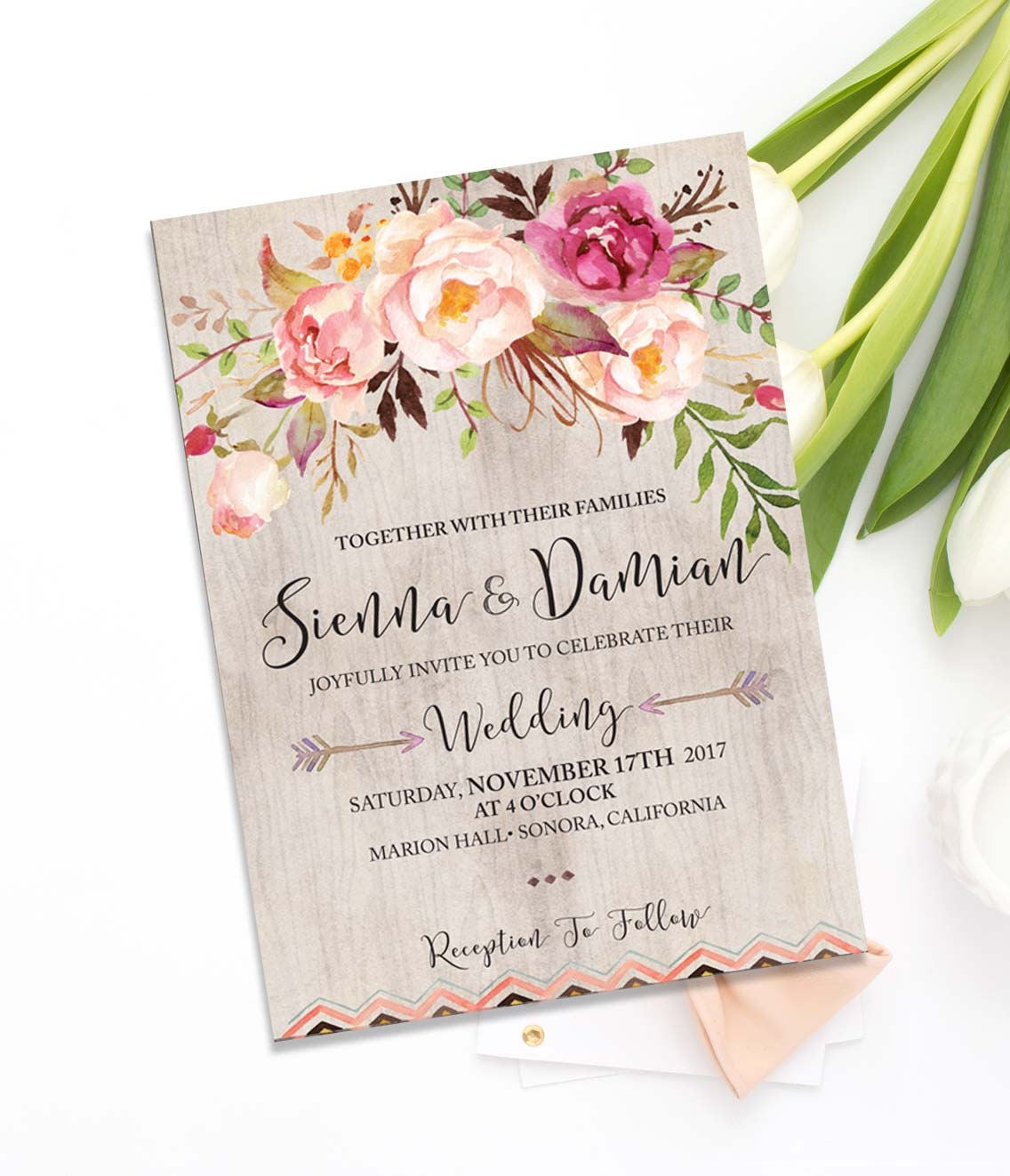 Bohemian Wedding Invite Set BLUSH Floral Wedding Invitations