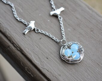 Three Bird Nest Necklace, Three Egg Opal Nest Pendant, Bird Nest with Opal Eggs, Birds Nest Necklace, Opal necklace, Gifts for Her