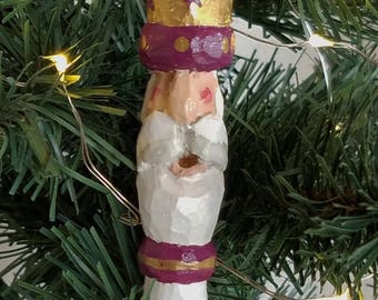 Hand Carved Christmas Ornaments- Santa with maroon banded beard