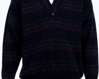Vintage Wool Sweaters-mix-graphic pattern-sweater black-lilac-V-neck-size L-90s vintage-vintage clothes of the 90s