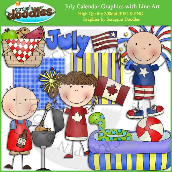 July Calendar Clip Art with Line Art Download