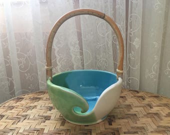 Handled Porcelain Yarn Bowl in White, Blue, and Green