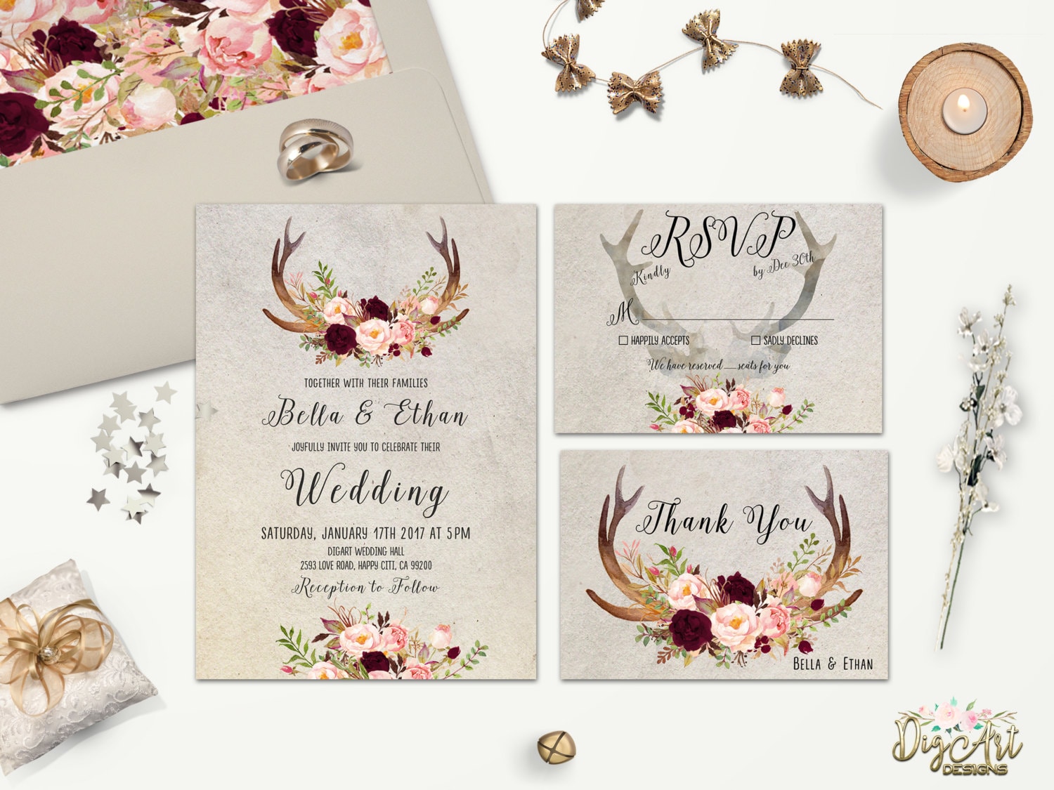 Rustic Wedding Invitation Printable Floral Antler Rustic Wedding Invitation Printable Floral Antler