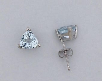 Natural Aquamarine Stud Earrings Solid 14kt White Gold. March Birthstone