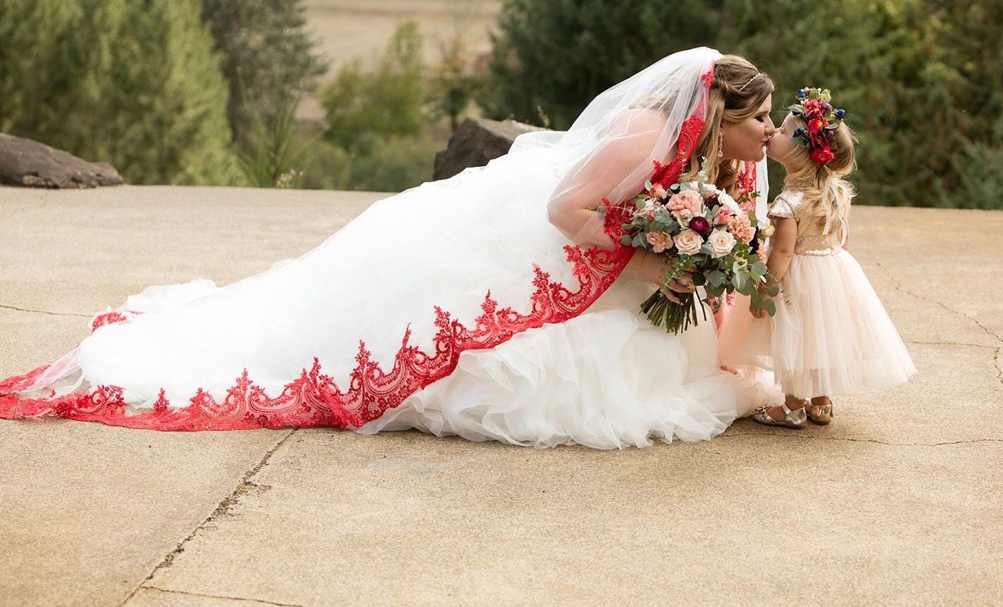 red and white wedding veil