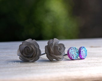 Flower and Faux Druzy Studs. Gray Roses and Blue Rainbow Faux Druzies. Two Pair Set. Twilight Rose