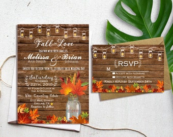 Fall Wedding Invitation, Autumn Wedding Invitation, Fall in love invitations, Wedding Invitations, Rustic Fall Wedding Invitation