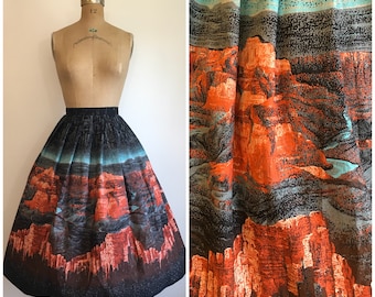 Vintage 1950s Scenic Grand Canyon Novelty Print Border Skirt 50s Cotton