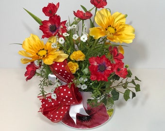 Ceramic Bowl Saucer Petite Floral Arrangement, Spring Flowers Small Centerpiece, Mothers Day Gift, Bright Floral Bowl, Birthday Present, New