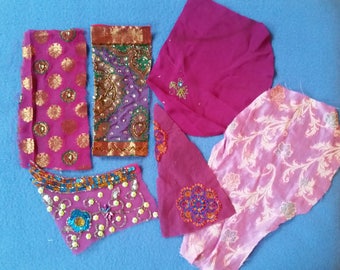 Six Sari Silk Pieces, pink and purple with metallic thread, sequins, rhinestones, handmade in India embellished saree silk scraps