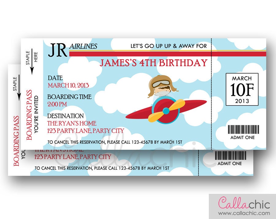 Avión billete invitación imprimible fiesta de cumpleaños de