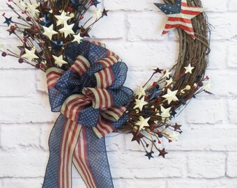 Patriotic Wreath, Americana Wreath, 4th of July Wreath, Memorial Day Wreath, Patriotic Wreath For Front Door, Patriotic Wreath With Stars