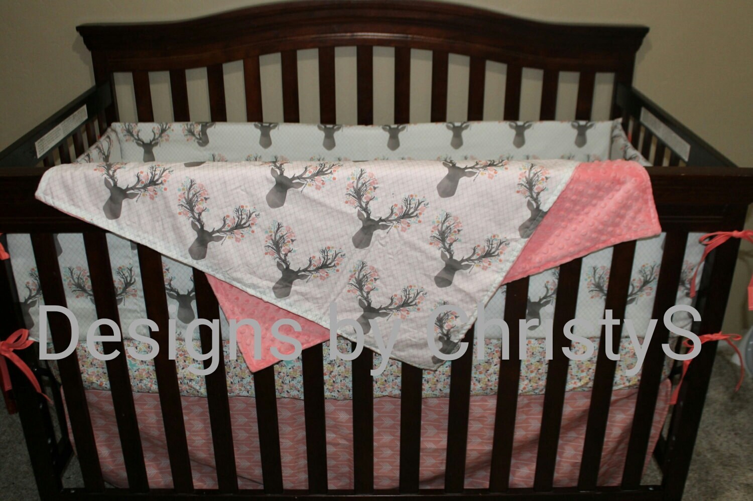 Baby Girl Crib Bedding Tulip Fawn Meadow Flowers Coral