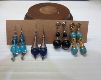 Four Great Pairs of Dangle Earrings 3 Blue Beads 1 Black Beads