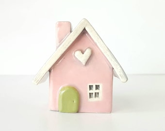Little Clay House Whimsical Blush Pink House with a Sage Green Door | Ceramic Fairy House Gnome Home | Whimsical Terrarium Decoration
