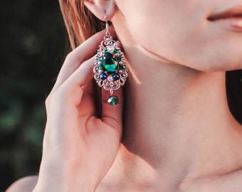 Baroque Emerald Crystals Filigree earrings handmade vintage long earrings Renaissance earrings earrings gift Green crystal earrings