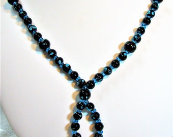 Black and Blue Speckled Beaded Necklace - Item 381 - On Sale 50% Off