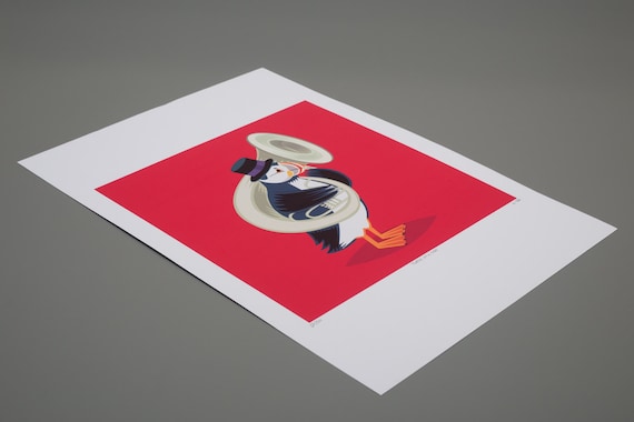 iOTA iLLUSTRATION - Puffin On A Tuba - Children's Wall Art - Animal Art illustration - Limited Edition Print