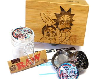 Rick - Morty Laser Etched Sacred Geometry Stash Box, 1.6" Zinc Alloy Grinder, Small Stash Jar - ALL IN ONE Box Package Item# WBCS011618-2