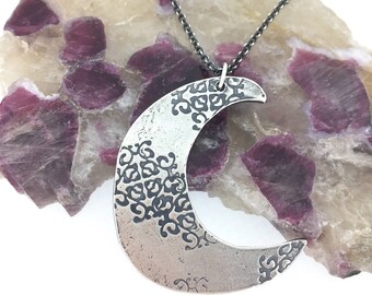 crescent moon necklace . large talisman necklace . long statement necklace . sterling silver crescent moon necklace by peaces of indigo