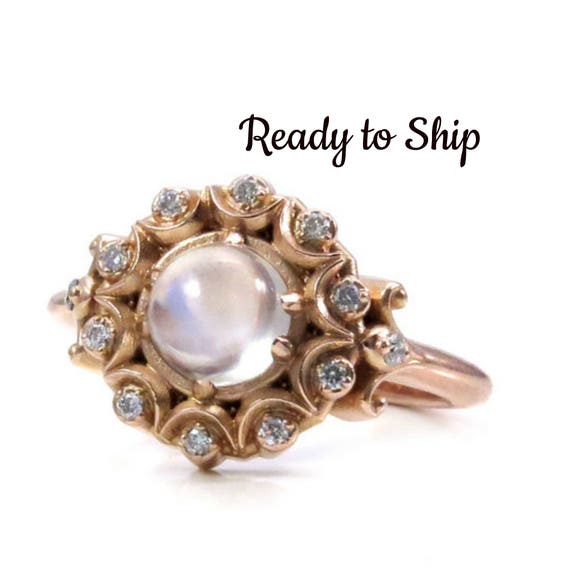 Ready to Ship Size 6 - 8 Crystal Ball Bohemian Engagement Ring - Moonstone and Diamonds in 14k Rose Gold