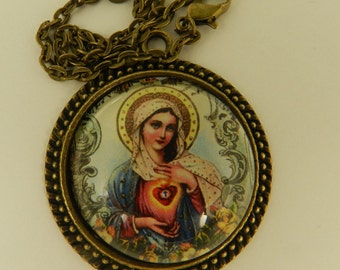 Religious Necklace Virgin Mary Immaculate Heart Glass Tile Antique Cabochon Pendant Necklace