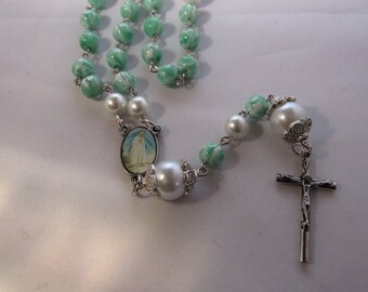 Aqua Marine and White Rosary