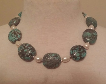 Huge Tumbled Turquoise, Pearl & Sterling Silver Necklace