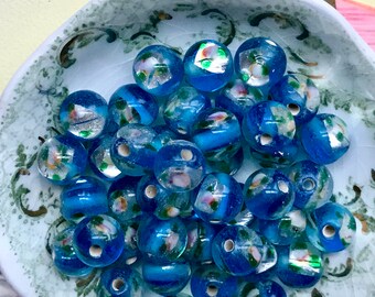 Vintage sapphire foil lamp work beads, Glass Beads Sapphire Foil beads, Silver Foil beads, Round 9mm Floral Beads, Lampwork beads, #B137B